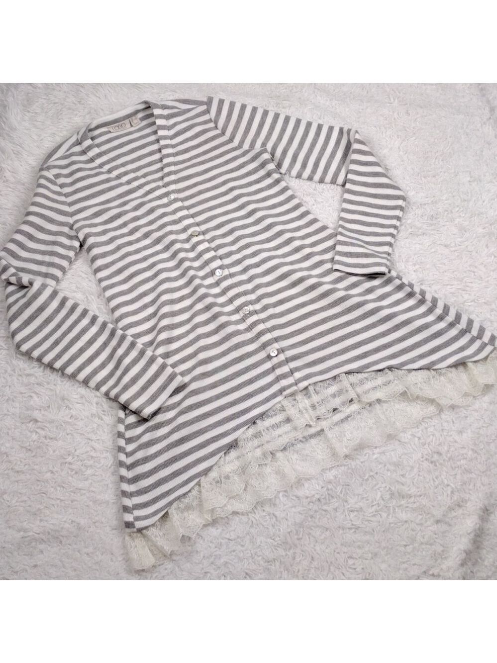 LOGO Lori Goldstein Gray Stripe V-Neck Long Sleeve Button Up High Low Tunic Top